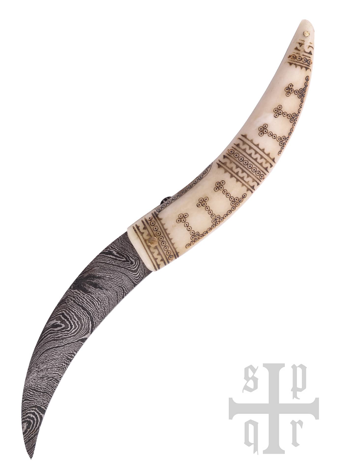Cuchillo Vikingo Plegable de Acero Damasco, Mango de Hueso 0364002462 - Espadas y Más