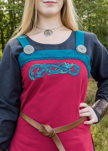 Vestido de correa vikinga / vestido de delantal Hilja con bordados Azul o Rojo 1280022140 - Espadas y Más