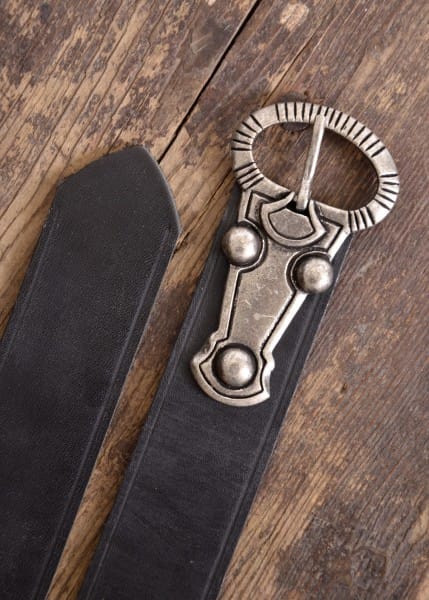 Cinturón de cuero alamanico, negro con hebilla plateada - Espadas y Más