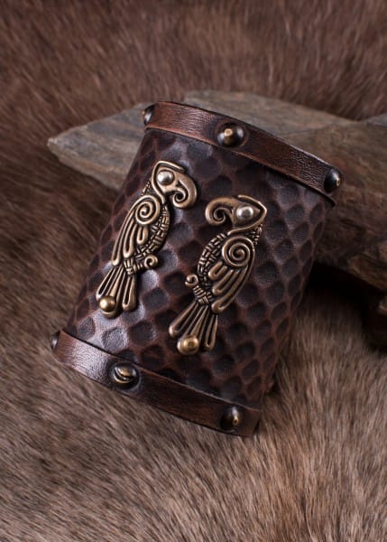 Pulsera o Protector de brazo de cuero con cuervos nórdicos Hugin y Munin - Espadas y Más