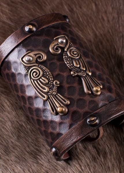Pulsera o Protector de brazo de cuero con cuervos nórdicos Hugin y Munin - Espadas y Más