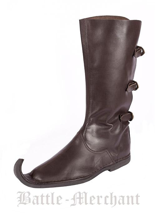 3116103200 Bota medieval de pico con tres hebillas, marrón oscuro - Espadas y Más