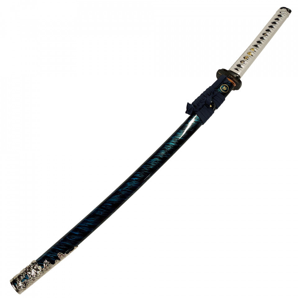 Katana de Jin Sakai de Ghost of Tsushima funcional envainada con saya con detalles y tsuka blanca. Vendida por Espadas y más