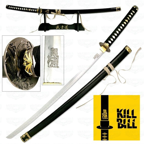 Katana de Kill Bill como la que aparece en la película Kill Bill con expositor, detalles en la tsuba y en la hoja. Vendida por Espadas y más