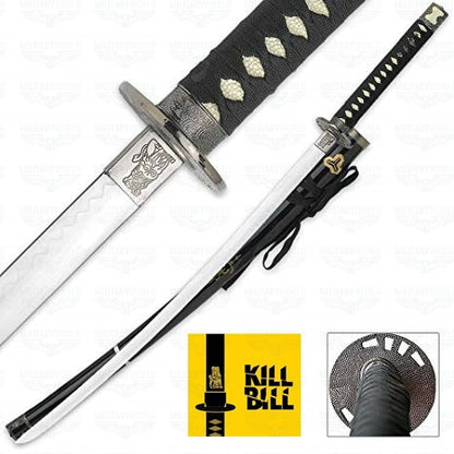 Katana de Kill Bill como la que aparece en la película con detalles cuidados en la hoja y saya negra. Vendida por Espadas y más