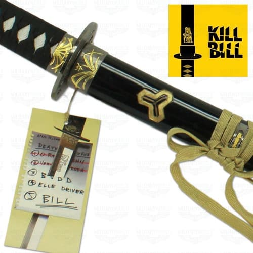 Detalles de la Katana de Kill Bill como la que aparece en la película. Saya negra y detalles en la katana. Vendida por Espadas y más