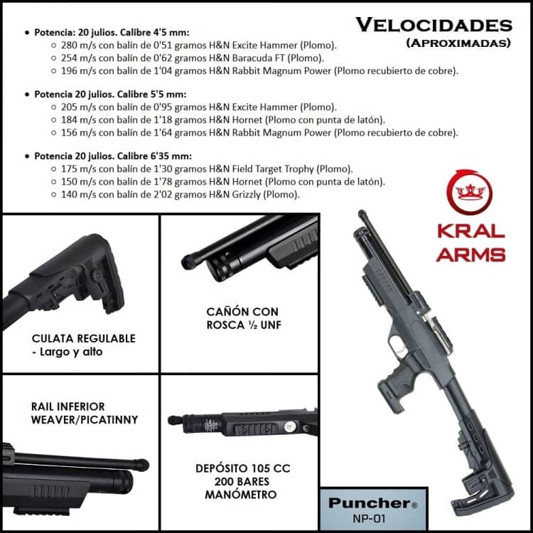 Pistola PCP Kral Puncher NP-01 20 Julios 4.5, 5.5 o 6.35 mm KNP0145,KNP0155,KNP01635 - Espadas y Más