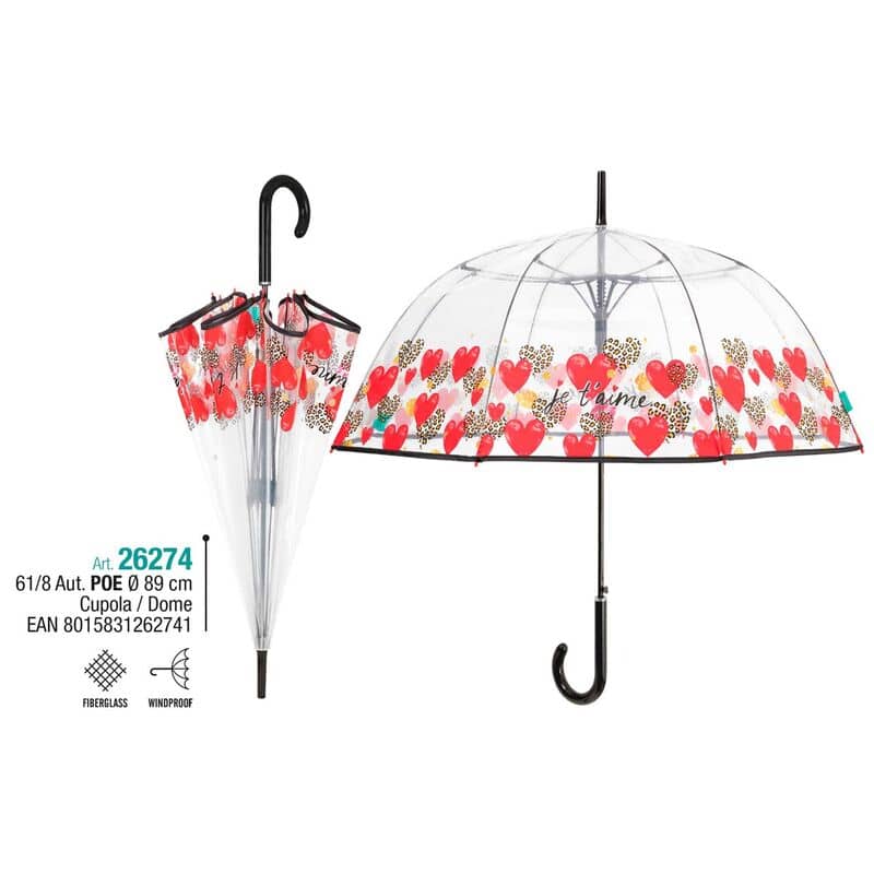 Paraguas automatico transparente Corazones 61cm - Espadas y Más