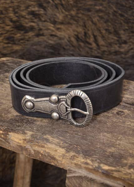 Cinturón de cuero alamanico, negro con hebilla plateada - Espadas y Más