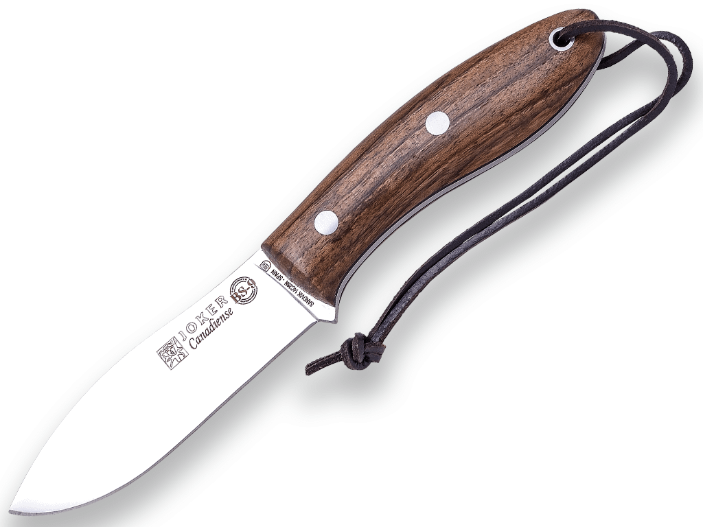 CUCHILLO BUSHCRAFT Y CAZA JOKER BS9 CANADIENSE. ACERO SANDVIK 14C28N, MANGO DE NOGAL, HOJA 10,5 CM. FUNDA VAQUETILLA CON FERROCERIO. CN114-P - Espadas y Más