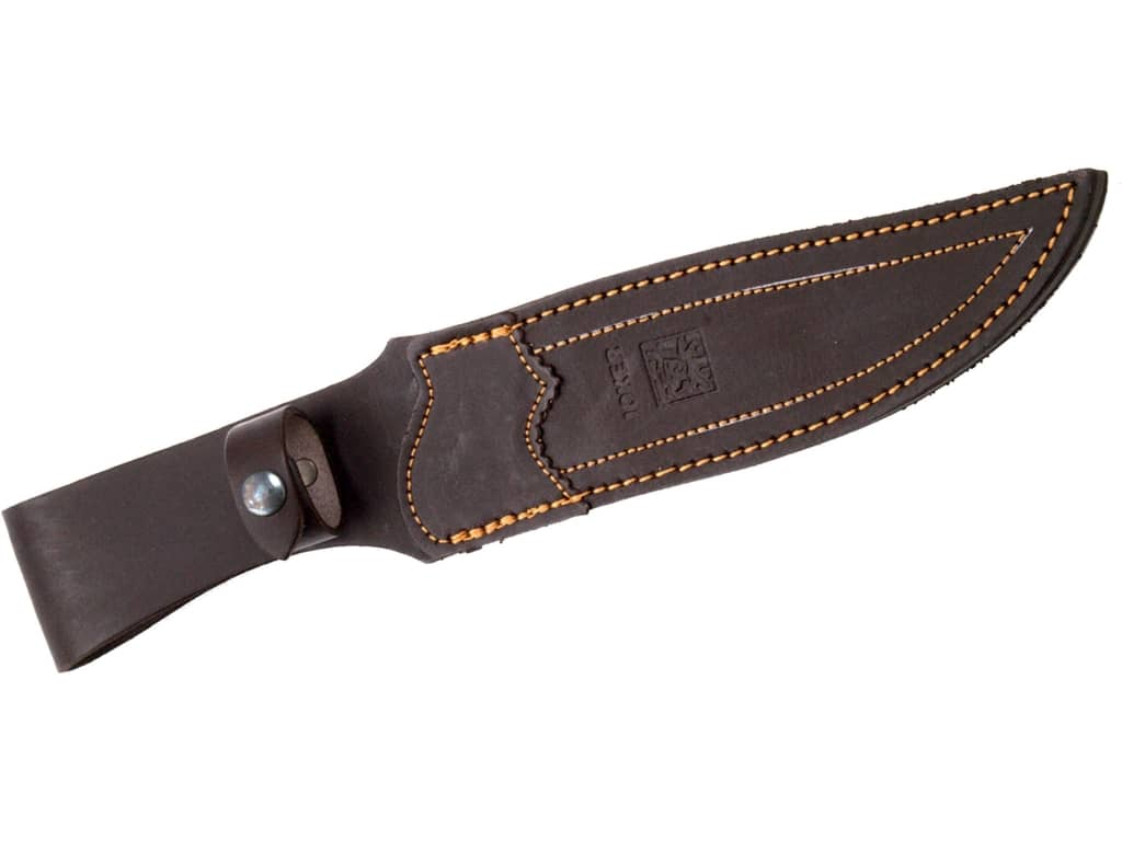 CUCHILLO DE CAZA JOKER ANTÍLOPE, CACHAS MADERA OLIVO, HOJA 19.5 CM ACERO INOX MOVA.FUNDA DE CUERO. CO02 - Espadas y Más