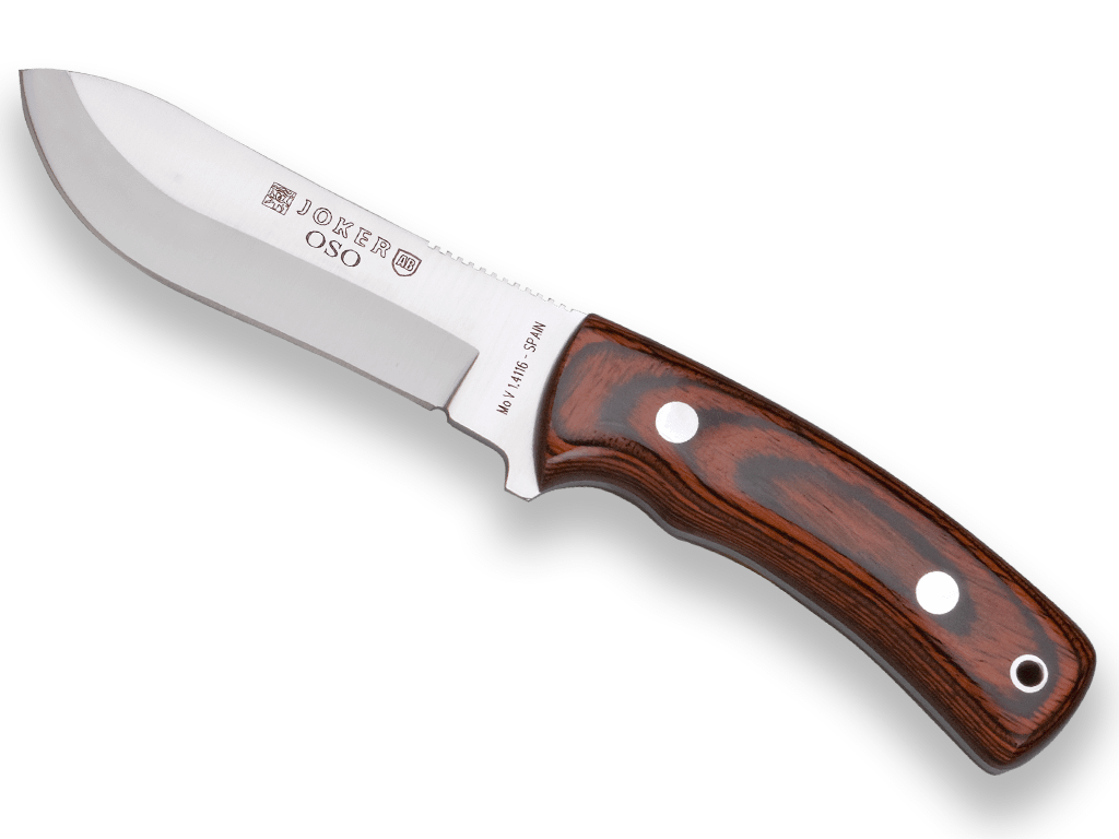 CUCHILLO DE MONTE JOKER OSO, MANGO MADERA ROJA, HOJA INOX DE 12 CM.FUNDA DE CUERO. CR54 - Espadas y Más