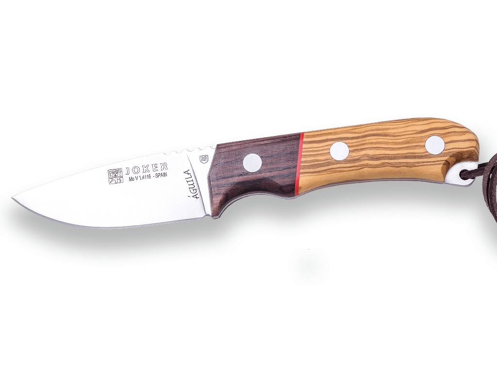 CUCHILLO BUSHCRAFT JOKER AGUILA, CON PUÑO EN MADERA DE OLIVO, VIROLA PALO SANTO Y HOJA DE 8,5 CM. INCLUYE FUNDA DE CUERO. CO103 - Espadas y Más