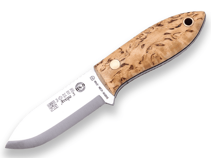 CUCHILLO BUSHCRAFT JOKER BS 9 AVISPA SCANDI.CUCHILLO DE CUELLO Y CINTURÓN. ACERO SANDVIK 14C28N, MANGO DE ABEDUL RIZADO, HOJA 8 CM. FUNDA DE CUERO. CL121 - Espadas y Más