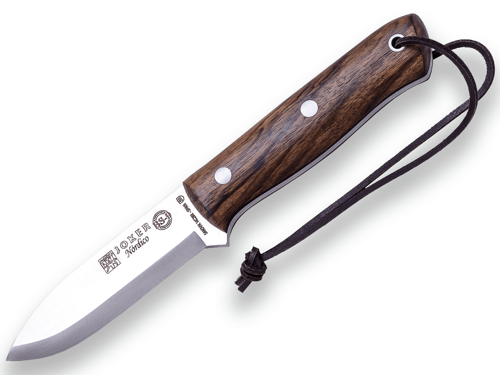 CUCHILLO BUSHCRAFT Y SUPERVIVENCIA JOKER BS9 NÓRDICO. ACERO SANDVIK 14C28N, MANGO DE NOGAL, HOJA 10 CM. CON FUNDA VAQUETILLA. - Espadas y Más