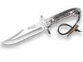 CUCHILLO DE CAZA JOKER BOWIE PUÑO EN ASTA DE CIERVO Y HOJA DE16 CM. FUNDA PIEL COMBINADA CON AUTÉNTICA PIEL DE SERPIENTE. - Espadas y Más