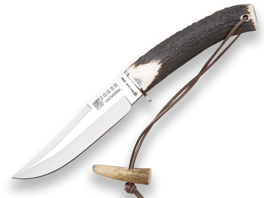 CUCHILLO DE CAZA JOKER CLUCHADERA, MANGO DE CIERVO, HOJA DE 14 CM. FUNDA DE CUERO. CC72 - Espadas y Más