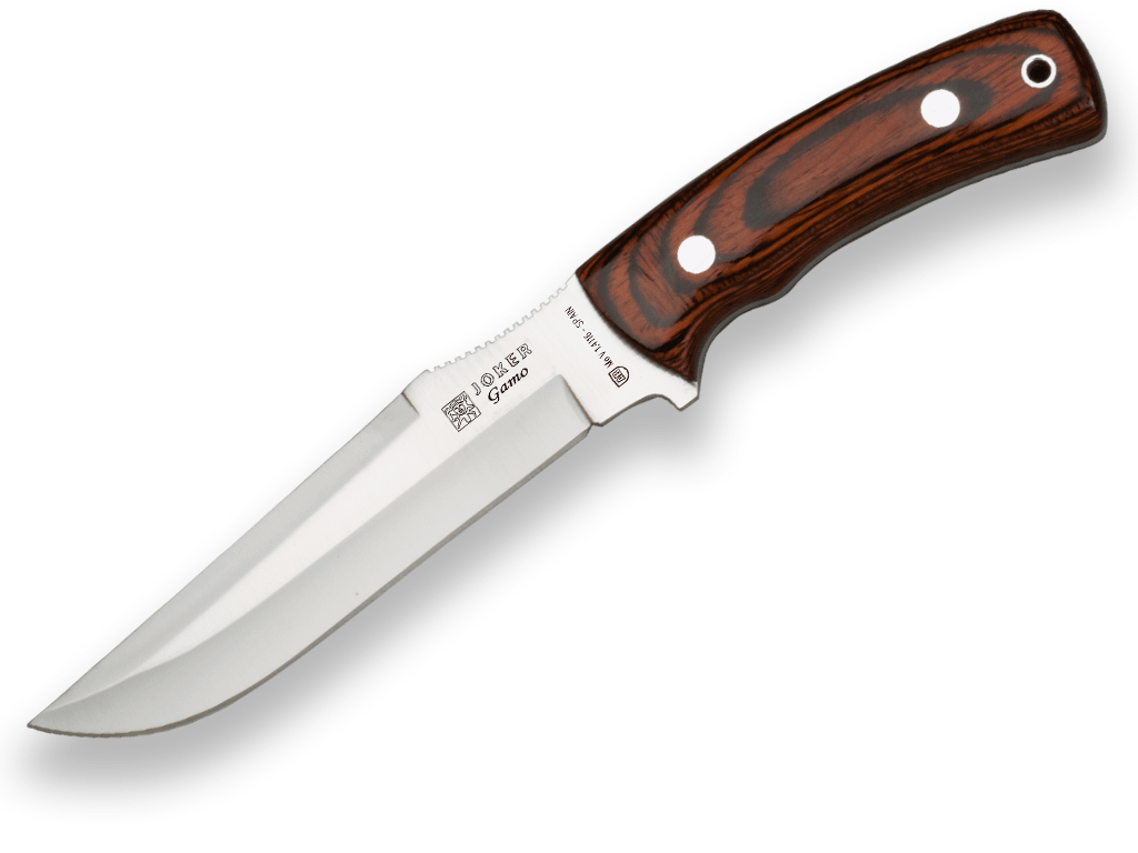 CUCHILLO DE CAZA JOKER GAMO, CACHAS MADERA ROJA Y HOJA INOX DE 15,5 CM. FUNDA DE CUERO. CR51 - Espadas y Más