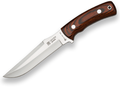 CUCHILLO DE CAZA JOKER GAMO, CACHAS MADERA ROJA Y HOJA INOX DE 15,5 CM. FUNDA DE CUERO. CR51 - Espadas y Más