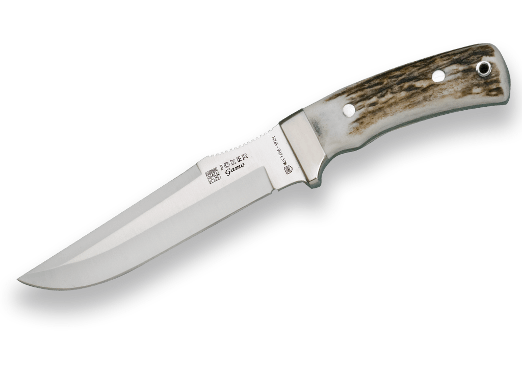 CUCHILLO DE CAZA JOKER GAMO, MANGO ASTA DE CIERVO Y HOJA DE 15,5 CM.FUNDA DE CUERO. CC46 - Espadas y Más