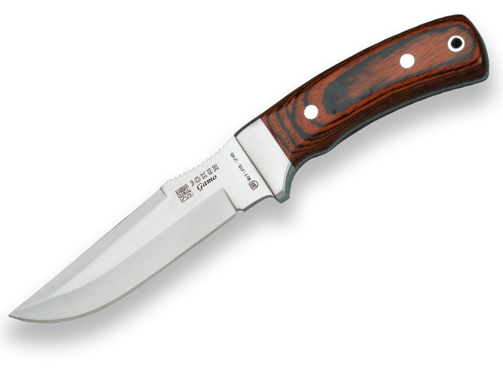 CUCHILLO DE CAZA JOKER GAMO, MANGO MADERA ROJA, HOJA 13 CM ACERO INOX MOVA. FUNDA DE CUERO. CR45 - Espadas y Más