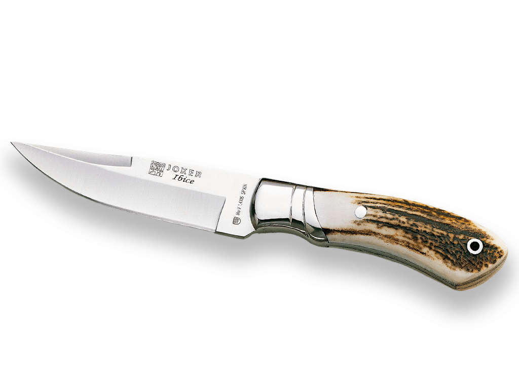 CUCHILLO DE CAZA JOKER IBICE, CACHAS EN ASTA DE CIERVO Y HOJA DE 12 CM ACERO INOX. FUNDA DE CUERO. CC04 - Espadas y Más