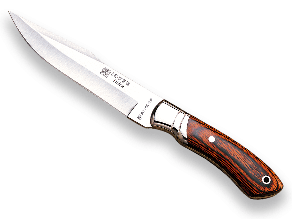 CUCHILLO DE CAZA JOKER IBICE, MANGO MADERA ROJA Y HOJA DE 15 CM ACERO INOX. FUNDA DE CUERO. CR03 - Espadas y Más