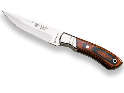 CUCHILLO DE CAZADOR CON VIROLA CACHAS EN MADERA ROJA PRENSADA Y HOJA DE 12 CM. CR04 - Espadas y Más