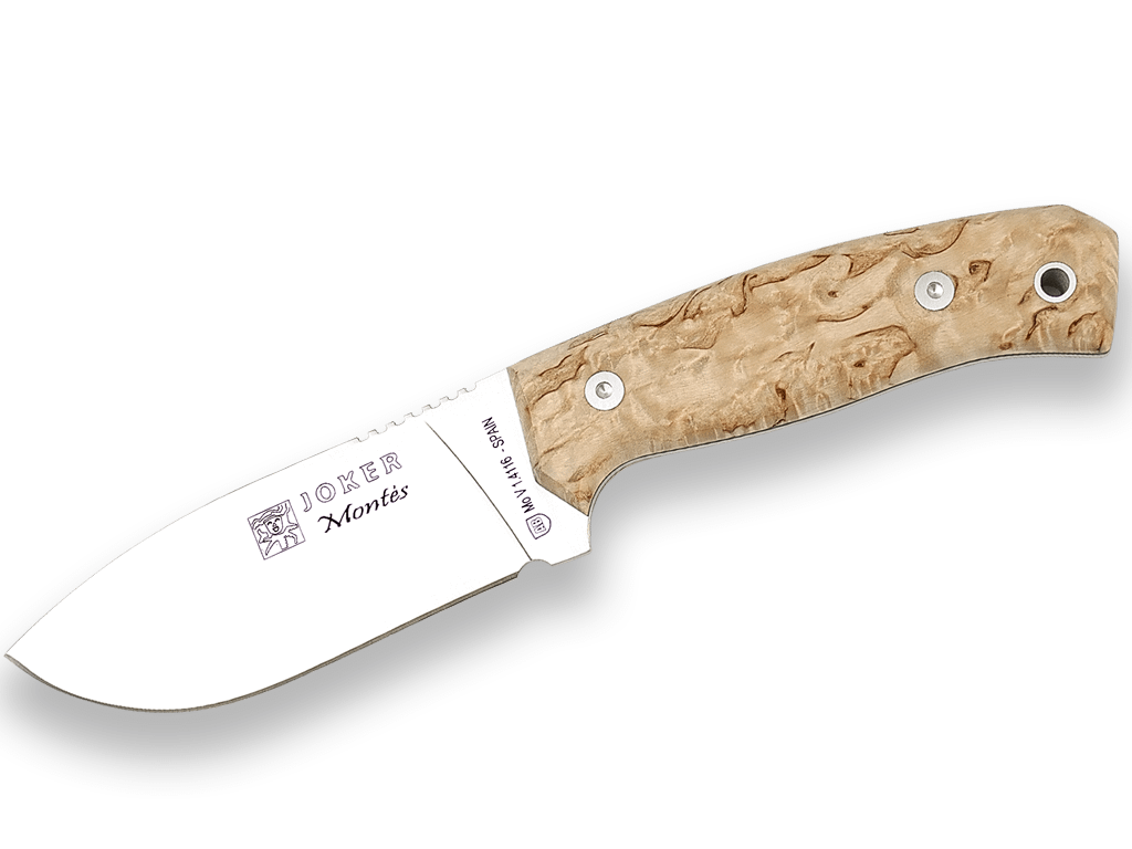 CUCHILLO DE MONTE ENTERIZO CON CACHAS DE ABEDUL RIZADO Y HOJA DE 10,5 CM CL59 - Espadas y Más