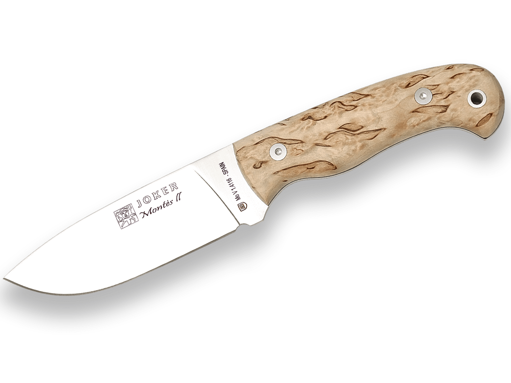 CUCHILLO DE MONTE ENTERIZO CON CACHAS DE ABEDUL RIZADO Y HOJA DE 11 CM CL58 - Espadas y Más