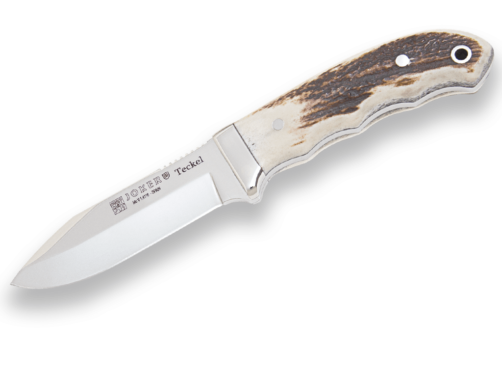 CUCHILLO DE MONTE ENTERIZO CON VIROLA CACHAS EN ASTA DE CIERVO Y HOJA DE 9.5 CM CC84 - Espadas y Más