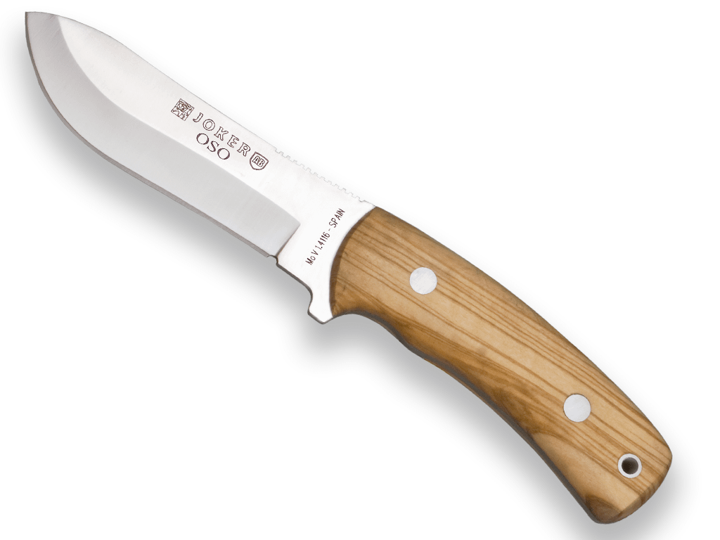 CUCHILLO DE MONTE JOKER OSO, ENTERIZO, MANGO DE OLIVO, HOJA ACERO INOX DE 12 CM. FUNDA DE CUERO. CO54 - Espadas y Más