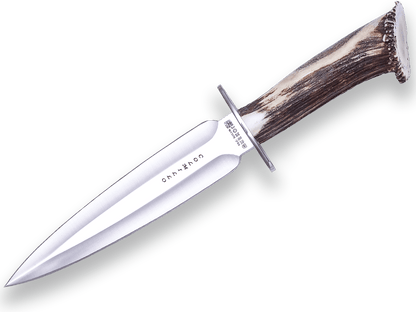 CUCHILLO DE REMATE JOKER COLMILLO, CON PUÑO DE CIERVO Y HOJA DE DOBLE FILO DE 21,5 CM. CON FUNDA DE CUERO CN108 - Espadas y Más