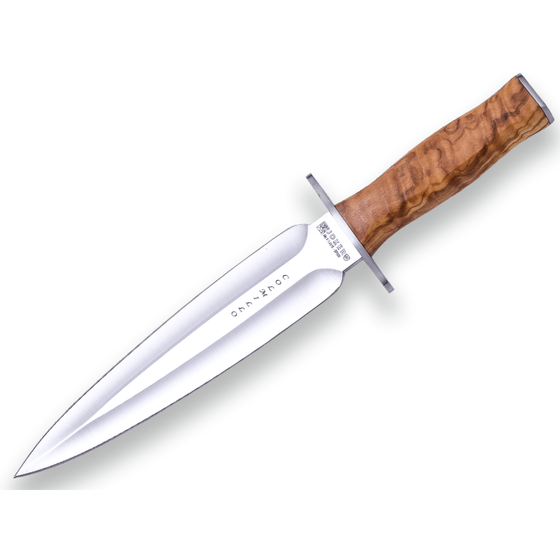 CUCHILLO DE REMATE JOKER COLMILLO CON PUÑO EN MADERA DE OLIVO Y HOJA DE DOBLE FILO DE 21,5 CM. CON FUNDA DE CUERO CO108 - Espadas y Más