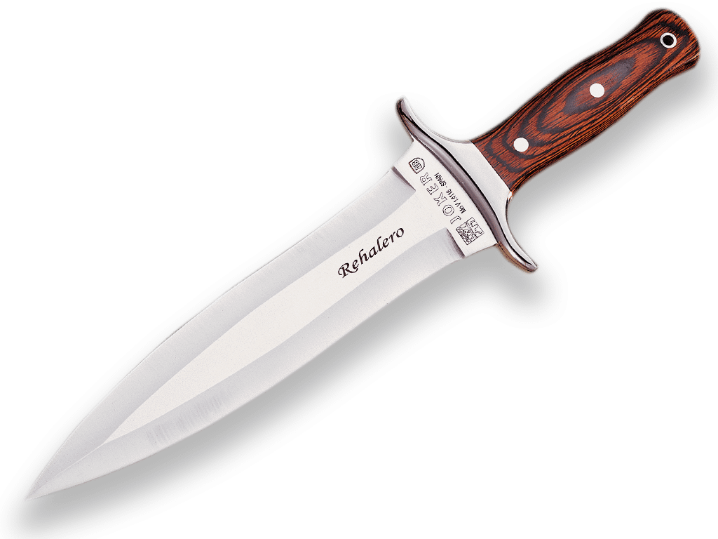 CUCHILLO DE REMATE JOKER REHALERO CON PUÑO DE MADERA ROJA Y HOJA DE DOBLE FILO DE 23,5 CM. FUNDA DE CUERO CR10 - Espadas y Más