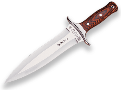 CUCHILLO DE REMATE JOKER REHALERO CON PUÑO DE MADERA ROJA Y HOJA DE DOBLE FILO DE 23,5 CM. FUNDA DE CUERO CR10 - Espadas y Más