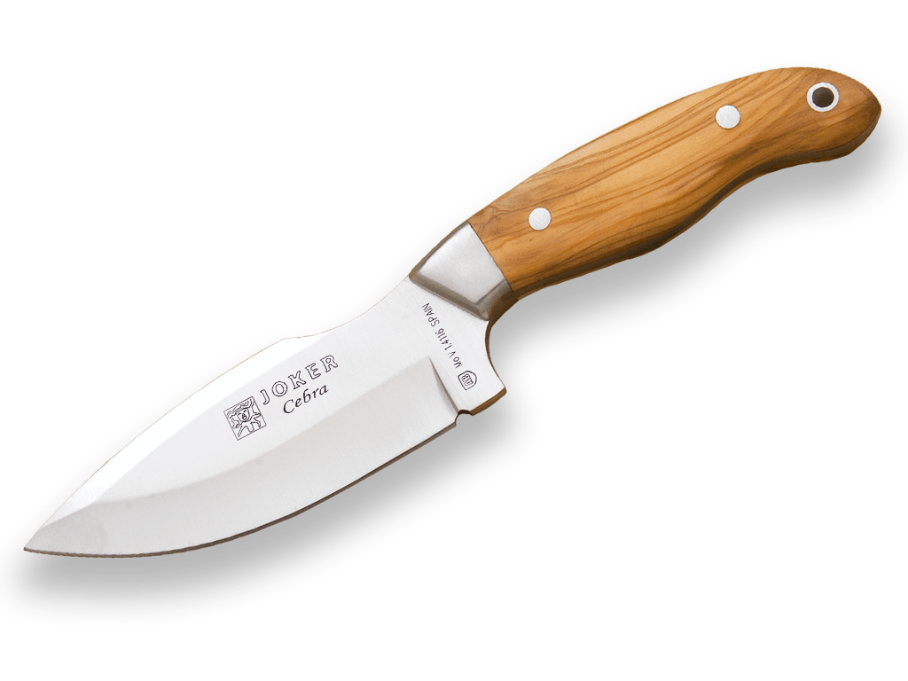 CUCHILLO DESOLLADOR JOKER CEBRA, MANGO MADERA ROJA Y HOJA INOX DE 11 CM. FUNDA DE CUERO. CR39 - Espadas y Más