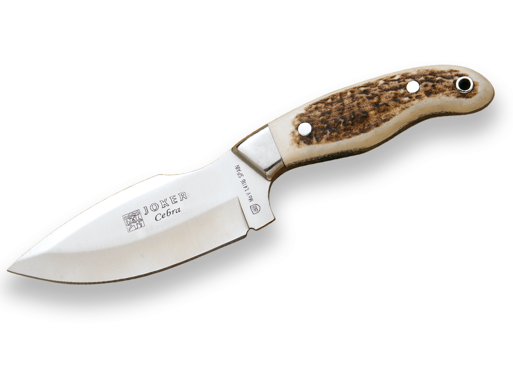 CUCHILLO DESOLLADOR JOKER CEBRA,MANGO ASTA DE CIERVO Y HOJA INOX DE 11 CM.FUNDA DE CUERO. CC39 - Espadas y Más