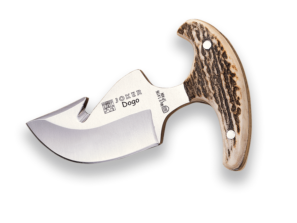 CUCHILLO DESOLLADOR JOKER DOGO, PUÑO ASTA DE CIERVO, HOJA DE 8 CM.ACERO INOX. FUNDA DE CUERO. CC11 - Espadas y Más