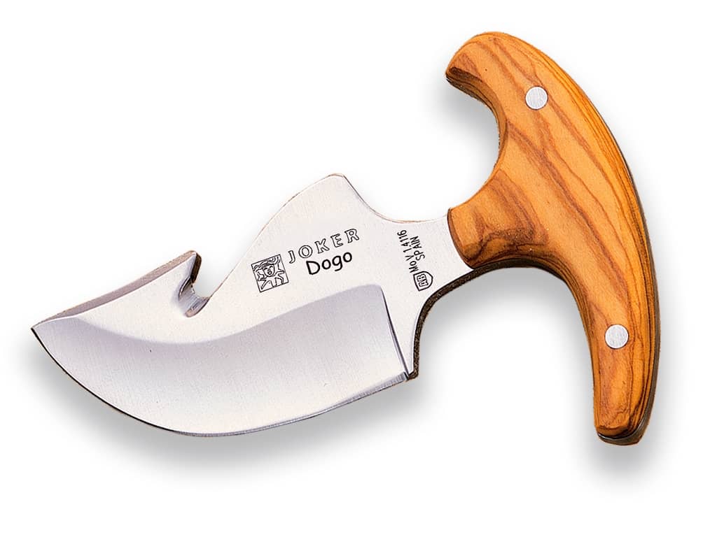 CUCHILLO DESOLLADOR JOKER DOGO,MANGO DE OLIVO, HOJA DE 8 CM ACERO INOX. FUNDA DE CUERO. CO11 - Espadas y Más