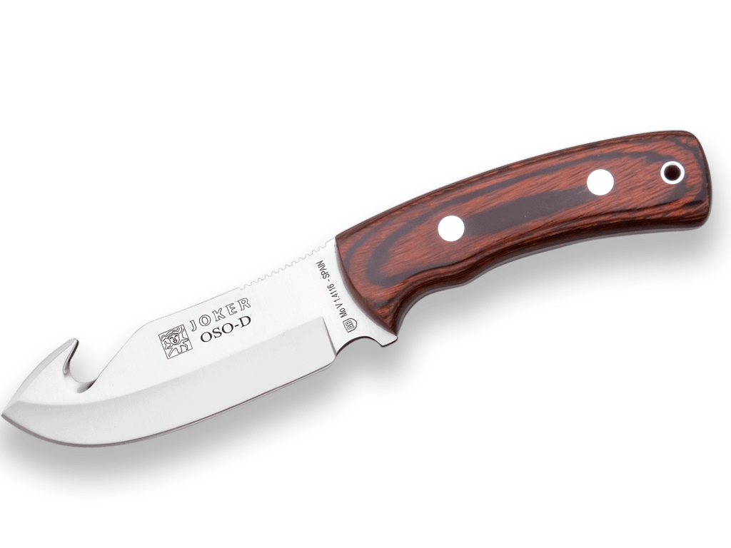 CUCHILLO DESOLLADOR JOKER OSO, CACHAS EN MADERA ROJA Y HOJA DE 12 CM ACERO INOX. FUNDA DE CUERO. CR56 - Espadas y Más