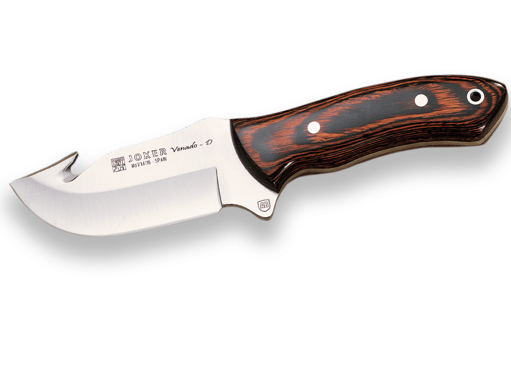 CUCHILLO DESOLLADOR JOKER VENADO, CACHAS DE MADERA ROJA Y HOJA DE 10 CM. CR65 - Espadas y Más