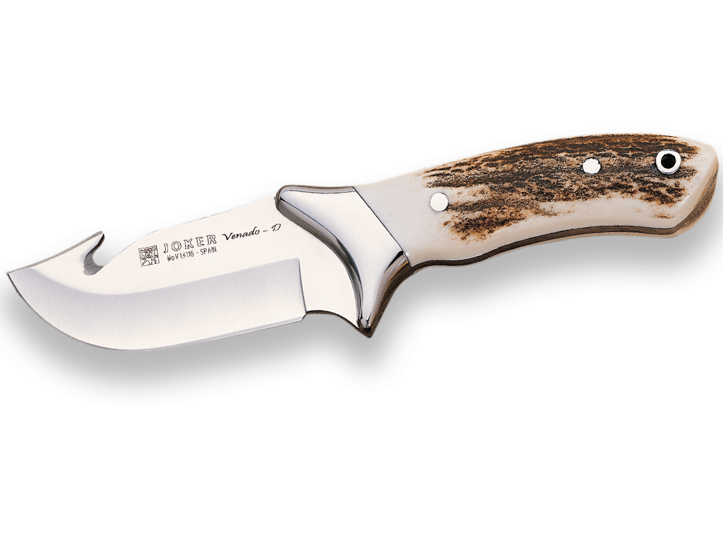 CUCHILLO DESOLLADOR JOKER VENADO D, VIROLA INOX, CACHAS ASTA DE CIERVO, HOJA INOX DE 10 CM.FUNDA DE CUERO. CC05 - Espadas y Más