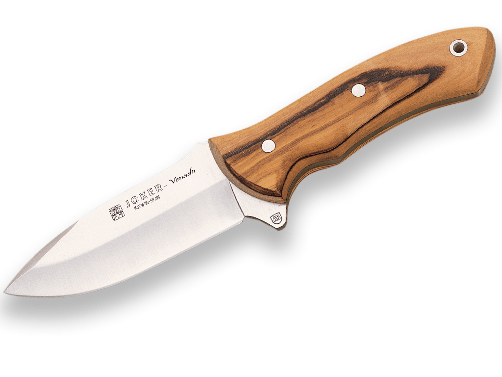 CUCHILLO DESOLLADOR JOKER VENADO,CACHAS MADERA DE OLIVO, HOJA INOX DE 11 CM.FUNDA DE CUERO. CO66 - Espadas y Más