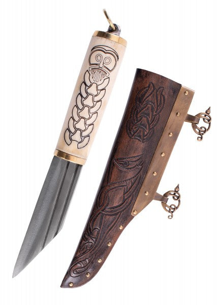 Cuchillo Saxo vikingo pequeño, mango de hueso con motivo nórdico 0316201700 - Espadas y Más