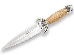 CUCHILLO VIKINGO CON PUÑO EN MADERA DE OLIVO-ZAMAK Y HOJA DOBLE FILO DE 20 CM CO94-N - Espadas y Más