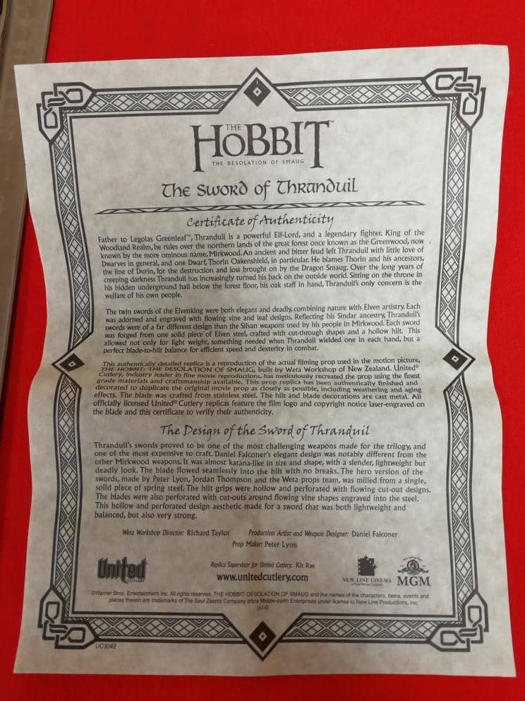 UC3042 Espada de Thranduil El Hobbit OFICIAL (VÍDEO) - Espadas y Más