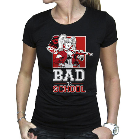 Dc Comics - Woman black tshirt Harley Quinn "BAD TO SCHOOL" - Espadas y Más