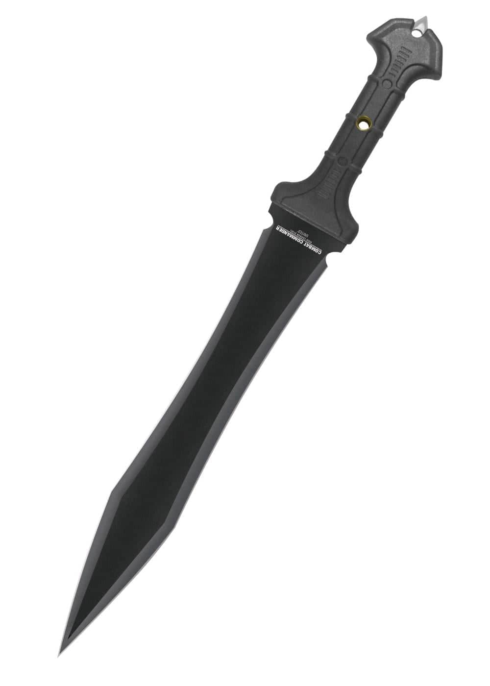 Espada Gladius de combate negra similar a las romanas pero modernizada expuesta en fondo blanco. Vendida por Espadas y más