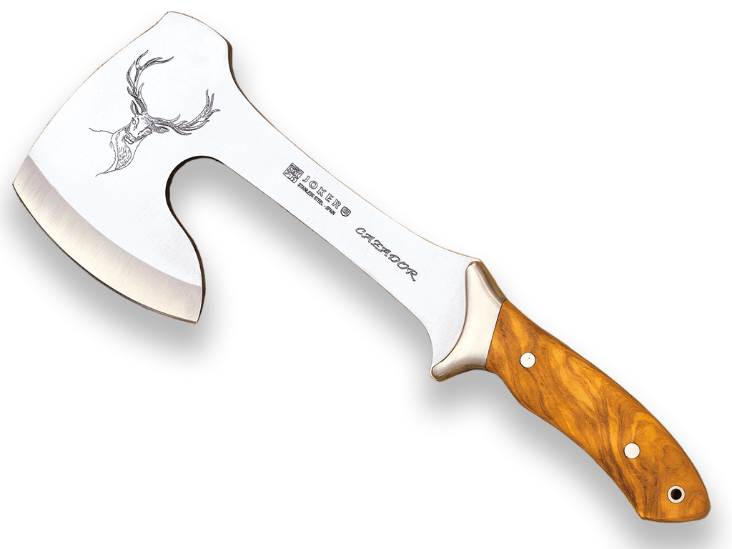 HACHA MONTERA JOKER CAZADOR, ACERO 420, VIROLA INOX, PUÑO CORONA DE CIERVO HN00 - Espadas y Más